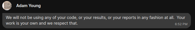 Adam says they will not be using my results
